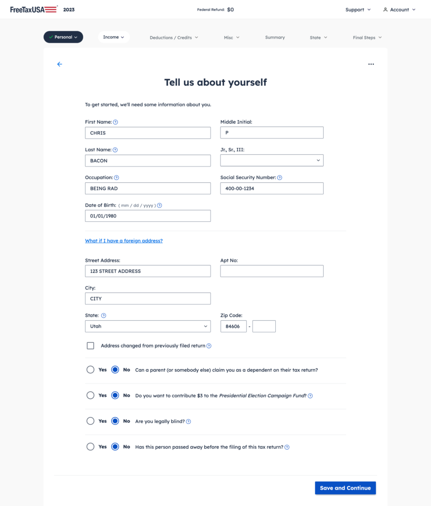 Screenshot of taxes app before design system implementation